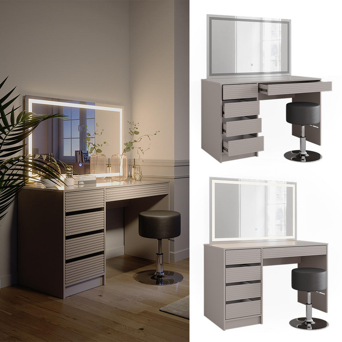 SCHMINKTISCH Sherry Cashmere 120 cm mit LED-Spiegel und Hocker - Kaschmir, Holzwerkstoff (120/75/55cm) - Vicco