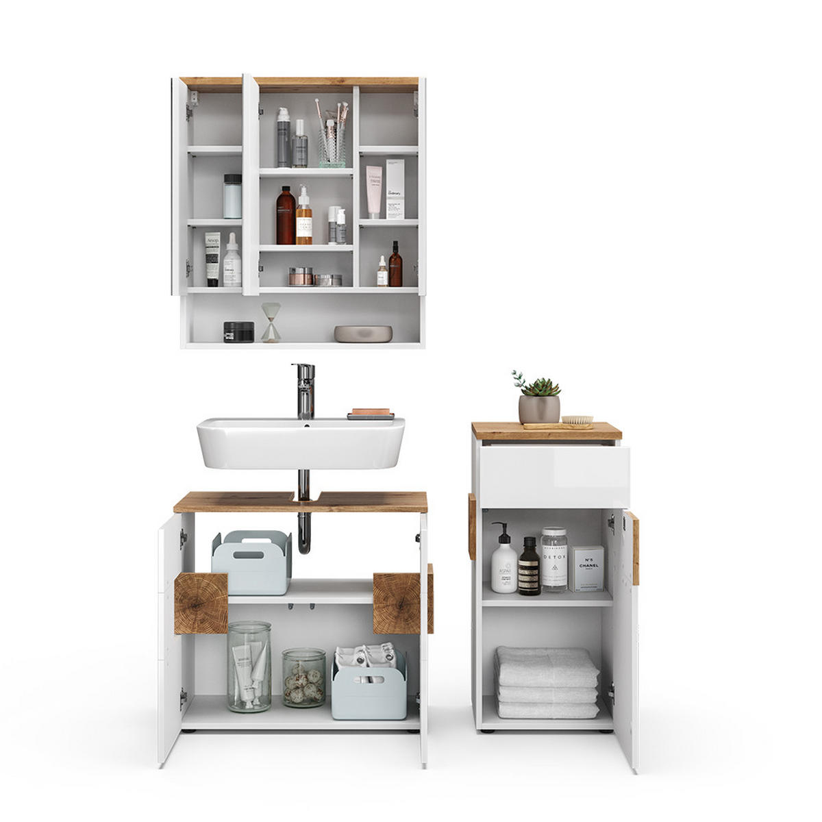 BADMÖBEL-SET Eden Weiß 3 Teile - Weiß/Eiche Artisan, Holzwerkstoff (73/64/37cm) - Vicco