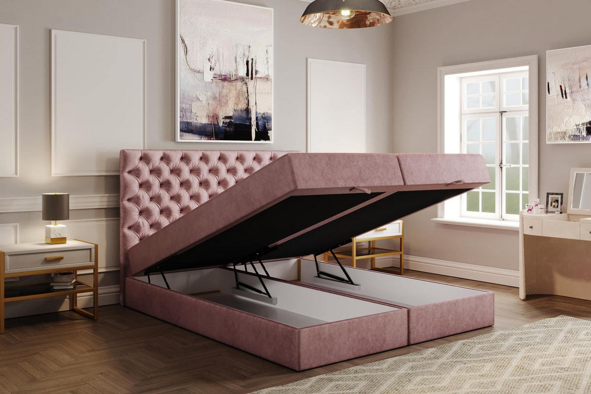 BOXSPRINGBETT 180 x 200 cm LUWR mit H3 Bonell, Bettkasten, Taschenmatratze, Chesterfield Kopfteil, Rosa - Rosa, Holz/Kunststoff (180/200cm) - Trada