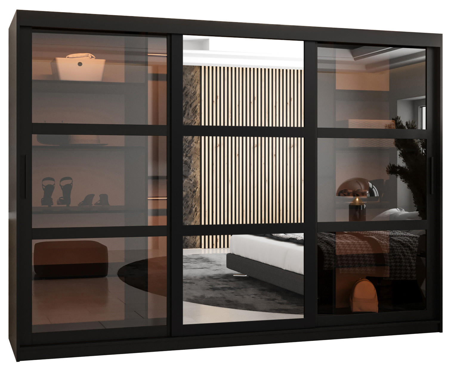 SCHWEBETÜRENSCHRANK 200/250/62 3-türig - Schwarz, Holz/Kunststoff (250/200/62cm) - Abiks Möbel