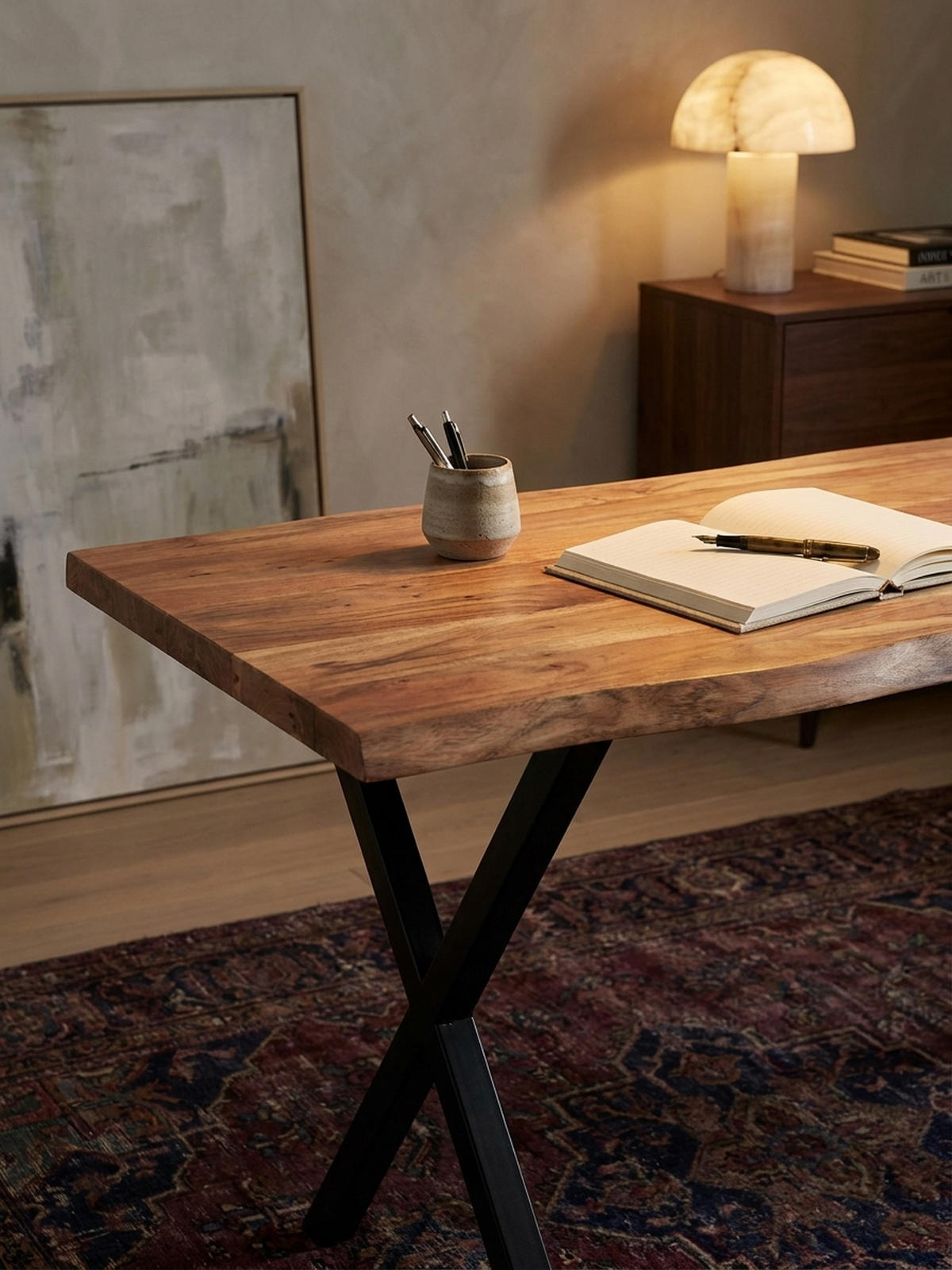 SCHREIBTISCH Massivholz X-Gestell Baumkante Handgefertigt KRETA, Goldbraun-Schwarz 180x90x76 cm - Schwarz/Braun, Holz/Metall (90/180/76cm) - KADIMA DESIGN