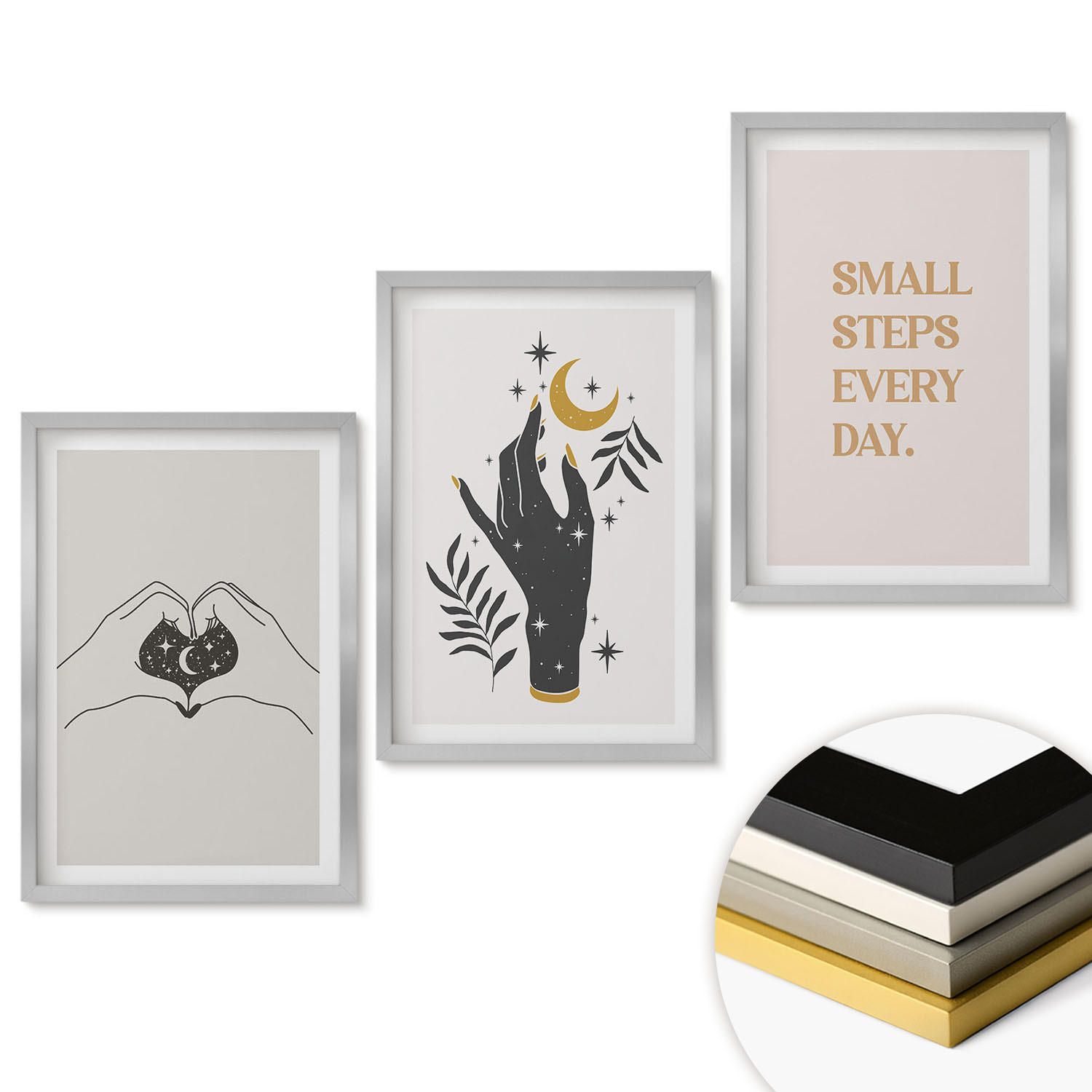 WANDBILDER 3er Set - 40x60 cm Silberner Rahmen - Minimalistische Boho-Illustrationen - Silberfarben, Kunststoff (40/60cm) - ArtPrintCave