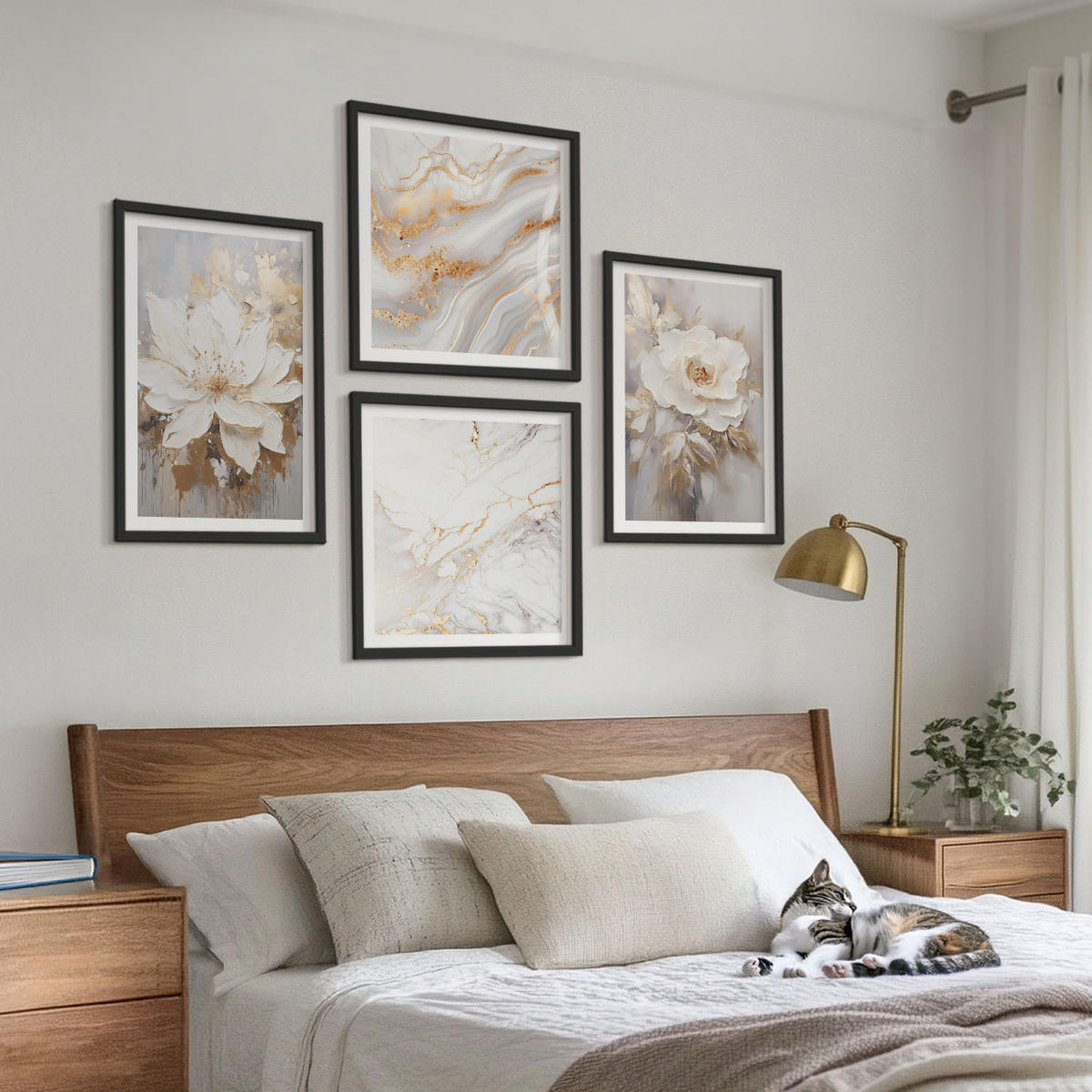 WANDBILDER 4er-Set - 50x50 cm & 40x60 cm Schwarzer Rahmen - Abstrakte Blumen aus Marmor - Schwarz, Kunststoff (50/50cm) - ArtPrintCave