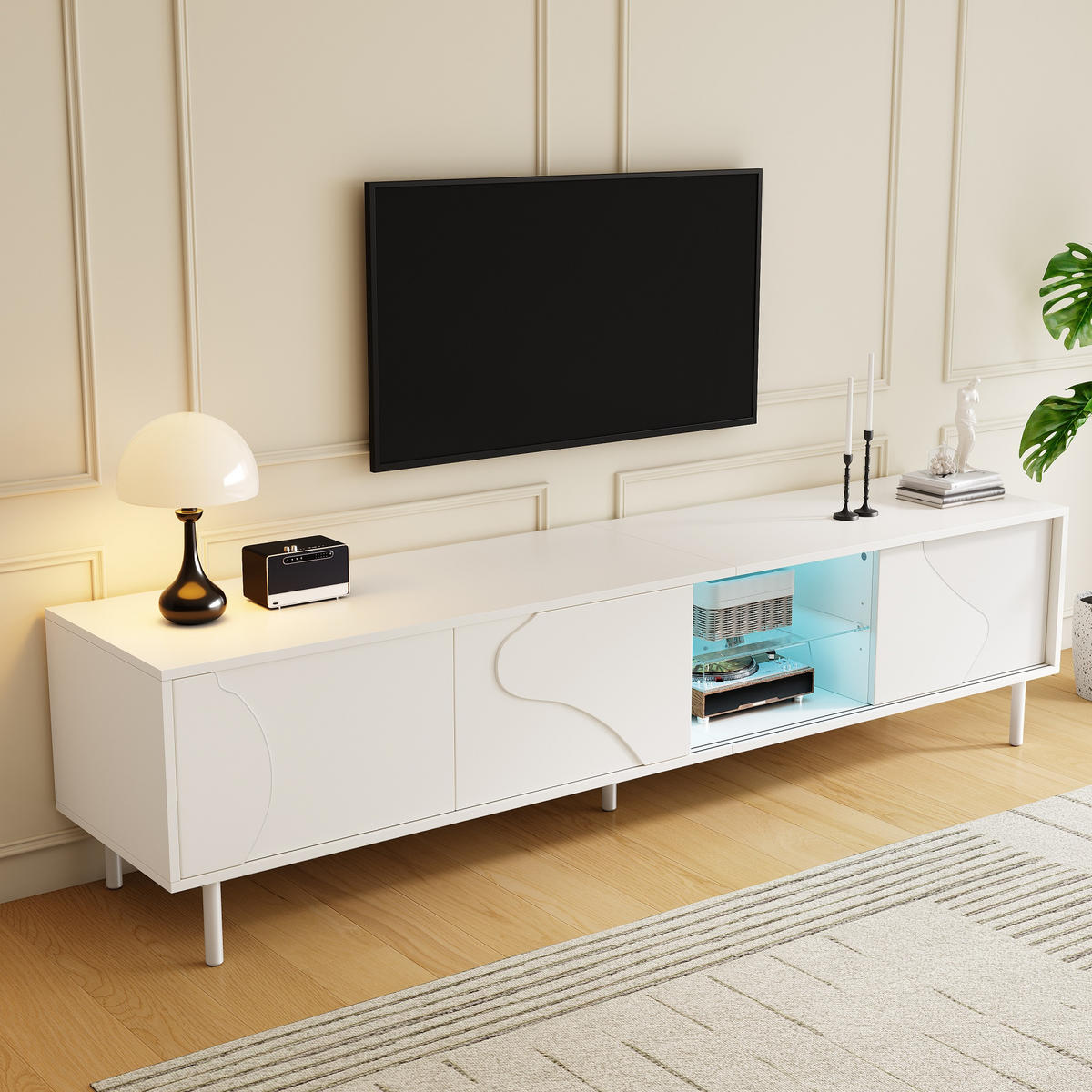 TV-ELEMENT Weiß mit Schiebetüren, Glasböden und App-LED-Beleuchtung - Weiß, Holzwerkstoff (40/45/180cm) - Korfee