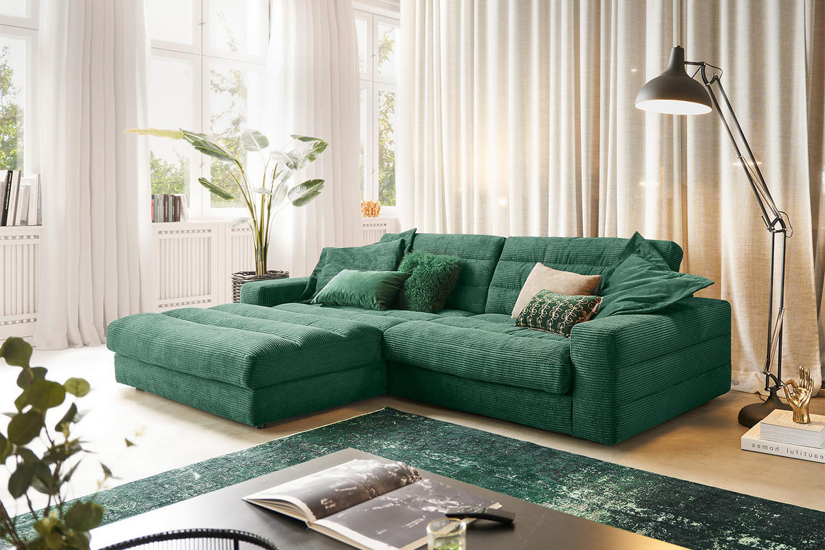 ECKSOFA LANA SOFA Smaragdgrün Cord - Smaragdgrün/Schwarz, Textil (296/205cm) - KAWOLA