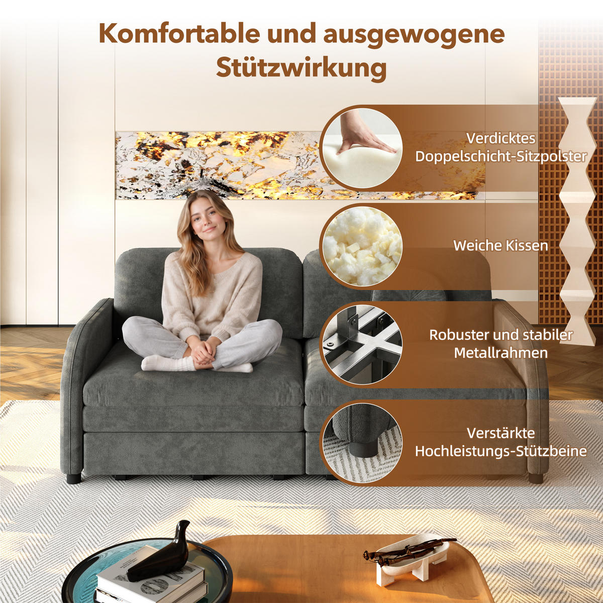 SCHLAFSOFA 166/84/90 cm Grau Chenille mit losen Kissen und Stautaschen an beiden Seiten - Grau, Textil (84/90/166cm) - Oxeza