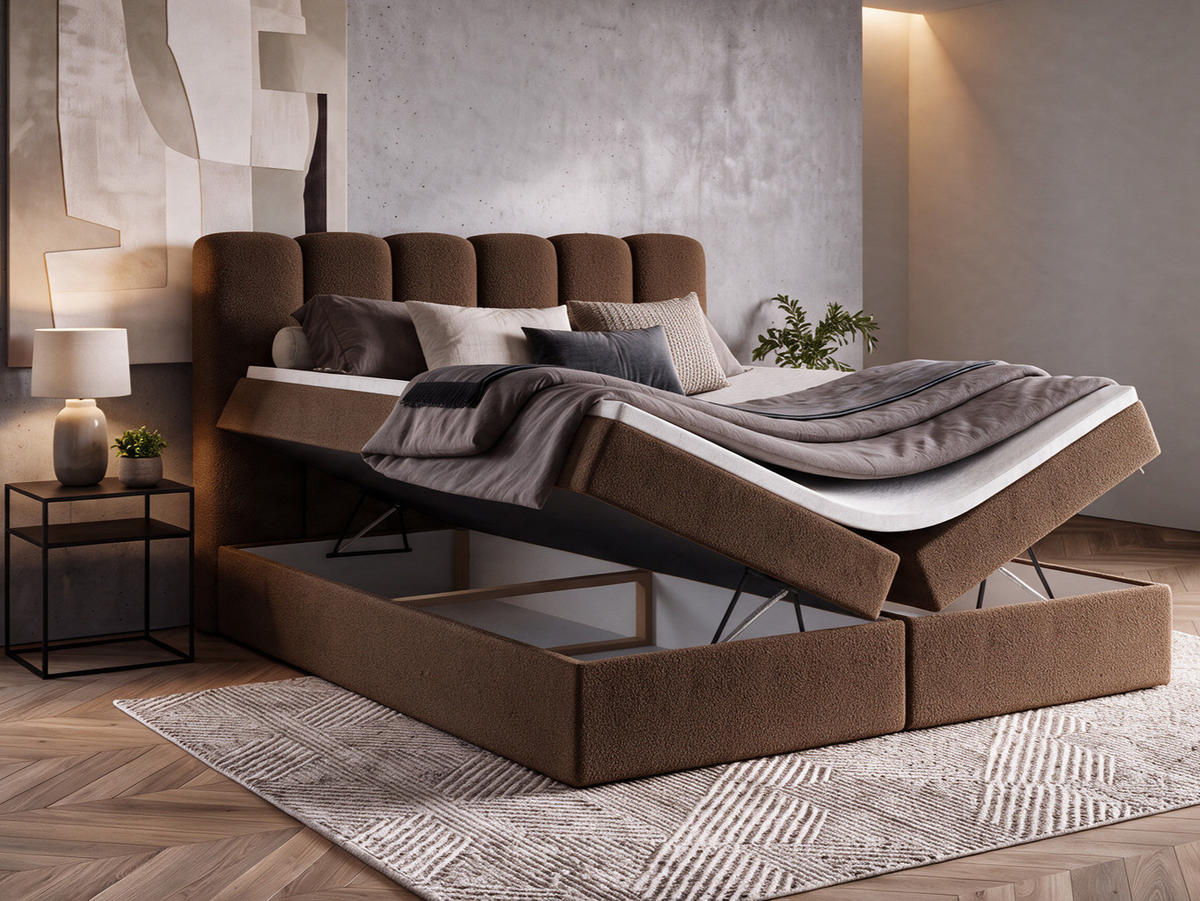 BOXBET NOLARO 160x200 cm Komplett-Set mit Bettkasten, Bonell-Matratze und Topper, Bouclé Braun - Braun, Textil (160/200cm) - Luxkor24