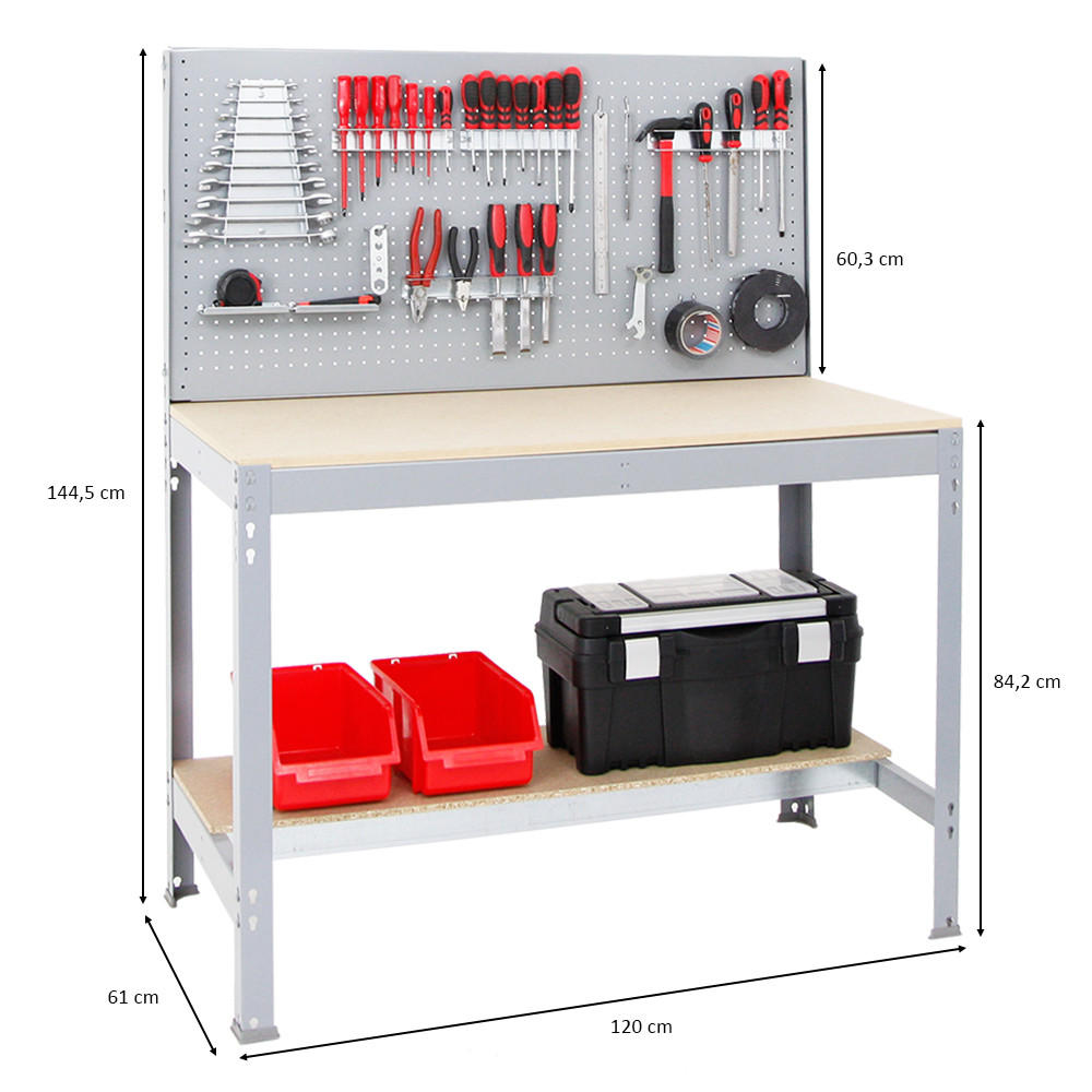 WERKBANK BUFFALO mit Werkzeugwand | HxBxT 84x120x61cm | Traglast 600kg | Grau - Grau, Metall (120/84/61cm) - PROREGAL