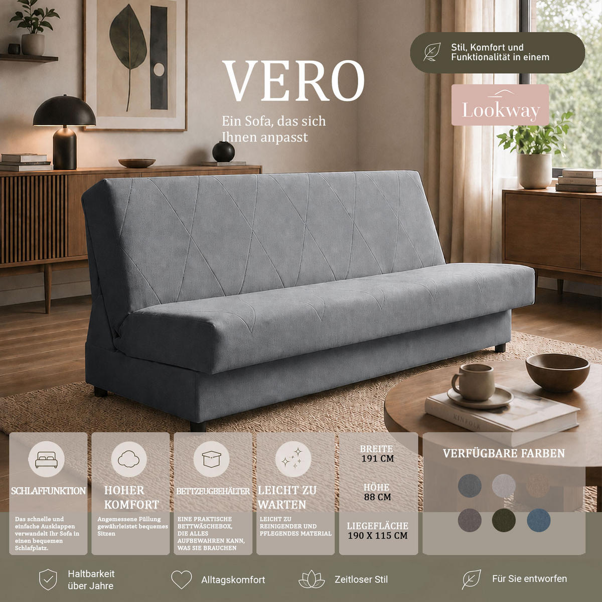 SCHLAFSOFA VERO mit Schlaffunktion Castel 20 - Grau, Textil (191/88/90cm) - Lookway