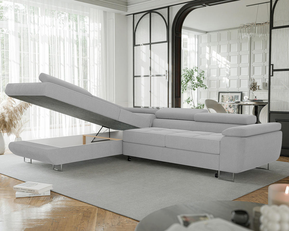 ECKSOFA ANTON links, mit Schlaffunktion und Bettkasten Hellgrau - Hellgrau, Holzwerkstoff/Kunststoff (274/203cm) - Idohome