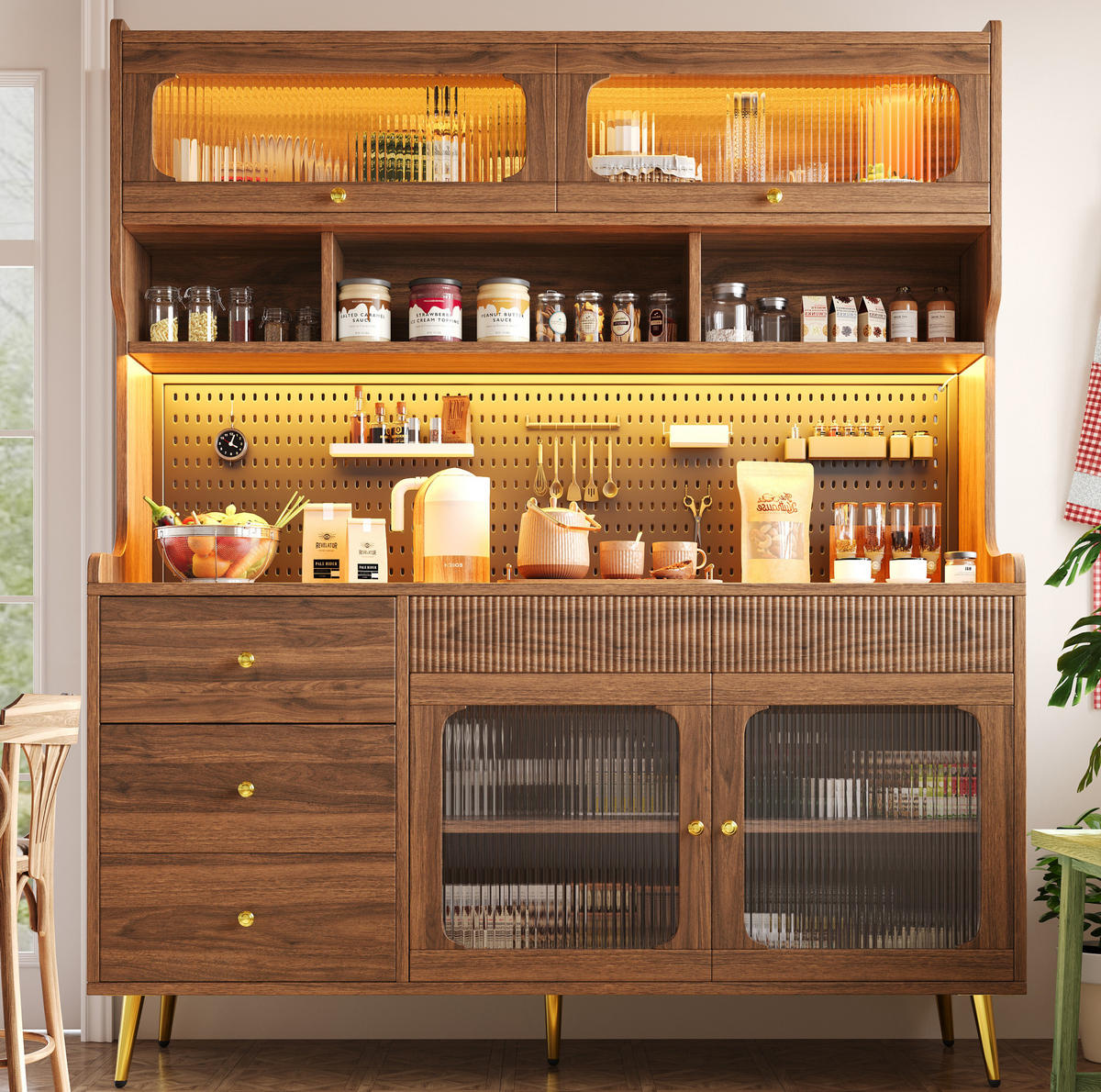 BUFFETSCHRANK 145/39/171 cm aus MDF und Glas mit Lift-up-Tür, RGB-LED-Beleuchtung, App-Steuerung und Lochwand, Walnuss - Walnussfarben, Holzwerkstoff (145/171/39cm) - Redom