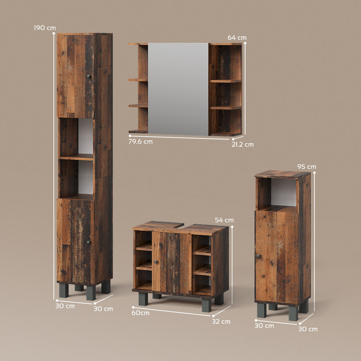 BADMÖBEL-SET Fucino Eiche rustikal 4 Teile - Wildeiche, Holzwerkstoff (60/54/32cm) - Livinity®
