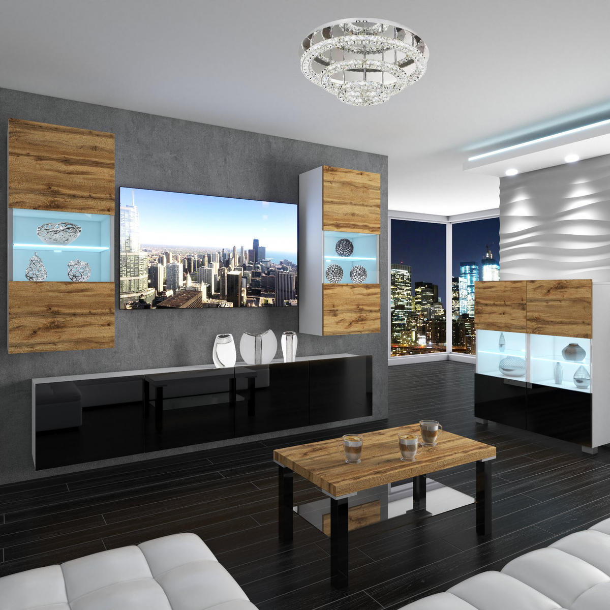 WOHNZIMMERWAND Schrankwand mit LED Eiche Wotan / Schwarz - Eiche Wotan/Schwarz, Holz (200/180/36cm) - B BELINI GROUP