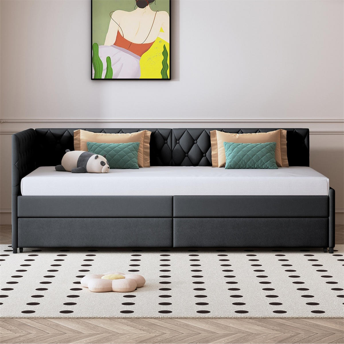 POLSTERBETT 90x200 cm mit Ausziehbares Bettgestell - Kopfteil im Nieten-Design - ohne Matratze - Samtstoff - Grau - Grau, Textil (90/200cm) - DELFA
