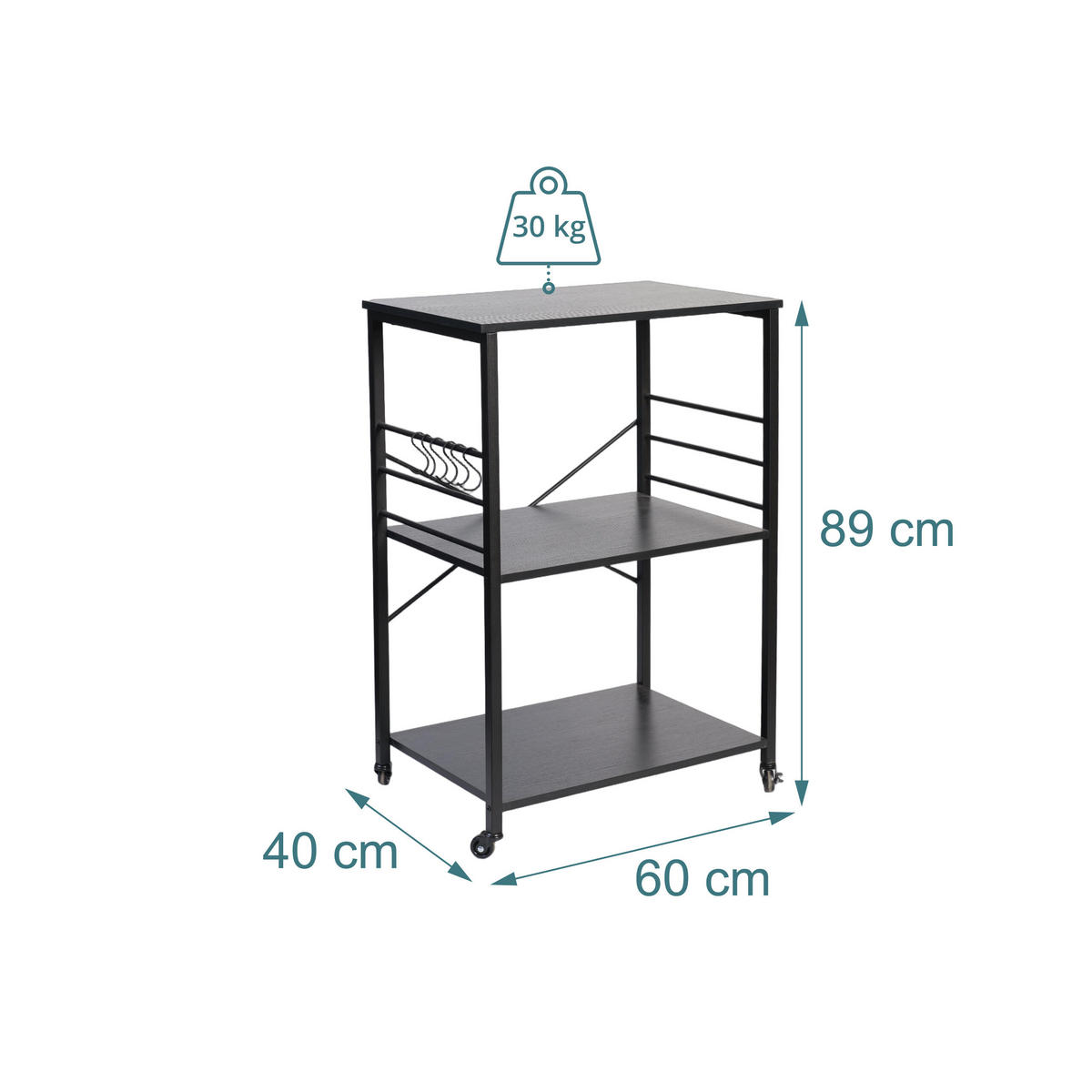 VOZIČEK za postrežbo - črna, kovina/leseni material (60/89/40cm) - Relaxdays