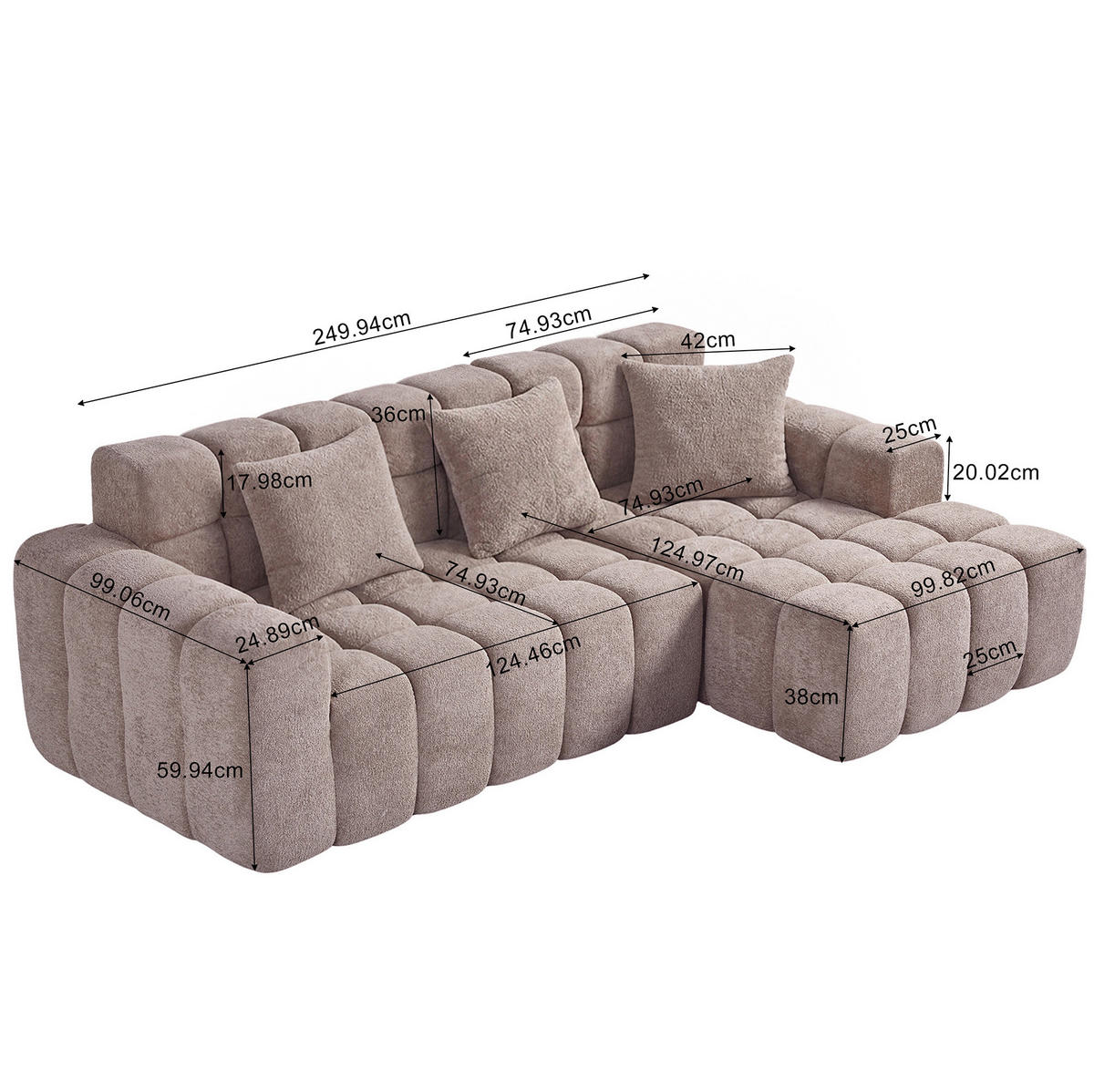 ECKSOFA 249,94/99,82/59,94 cm Kaffeebraun aus Samt mit frei kombinierbaren Modulen und Vakuumverpackung - Braun, Textil (249.94/99.82cm) - OKWISH