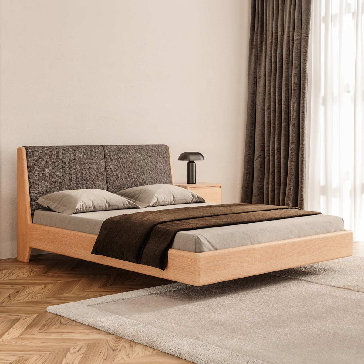 MASSIVHOLZBETT Lumo aus Buche 200x220 cm, Storm 77 - Blau/Buchefarben, Holz (200/220cm) - Danzz