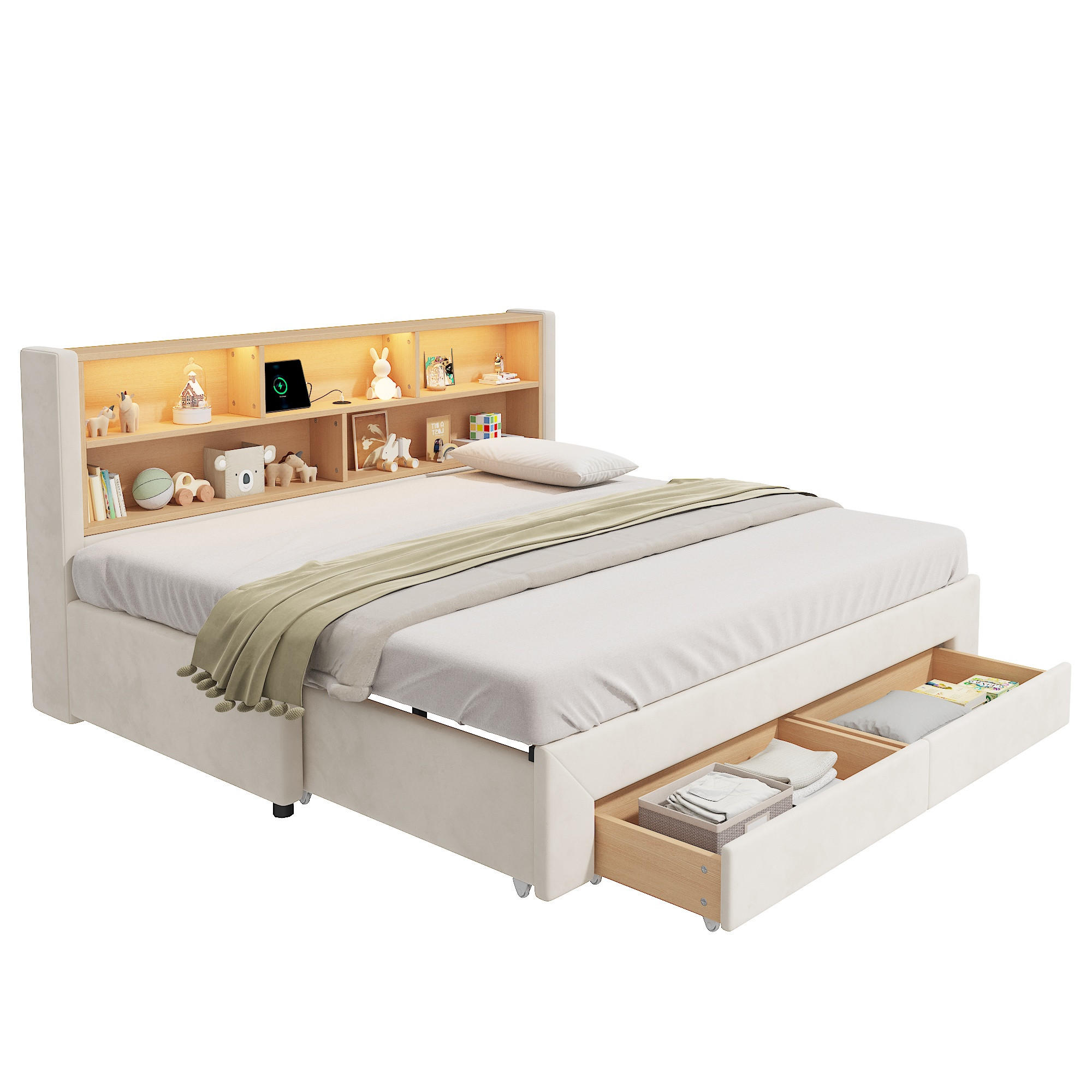 POLSTERBETT 90/200 cm & 90/200 cm in Beige Samt mit 2 Schubladen, LED und USB - Beige, Holzwerkstoff/Textil (90/200cm) - STILVORA