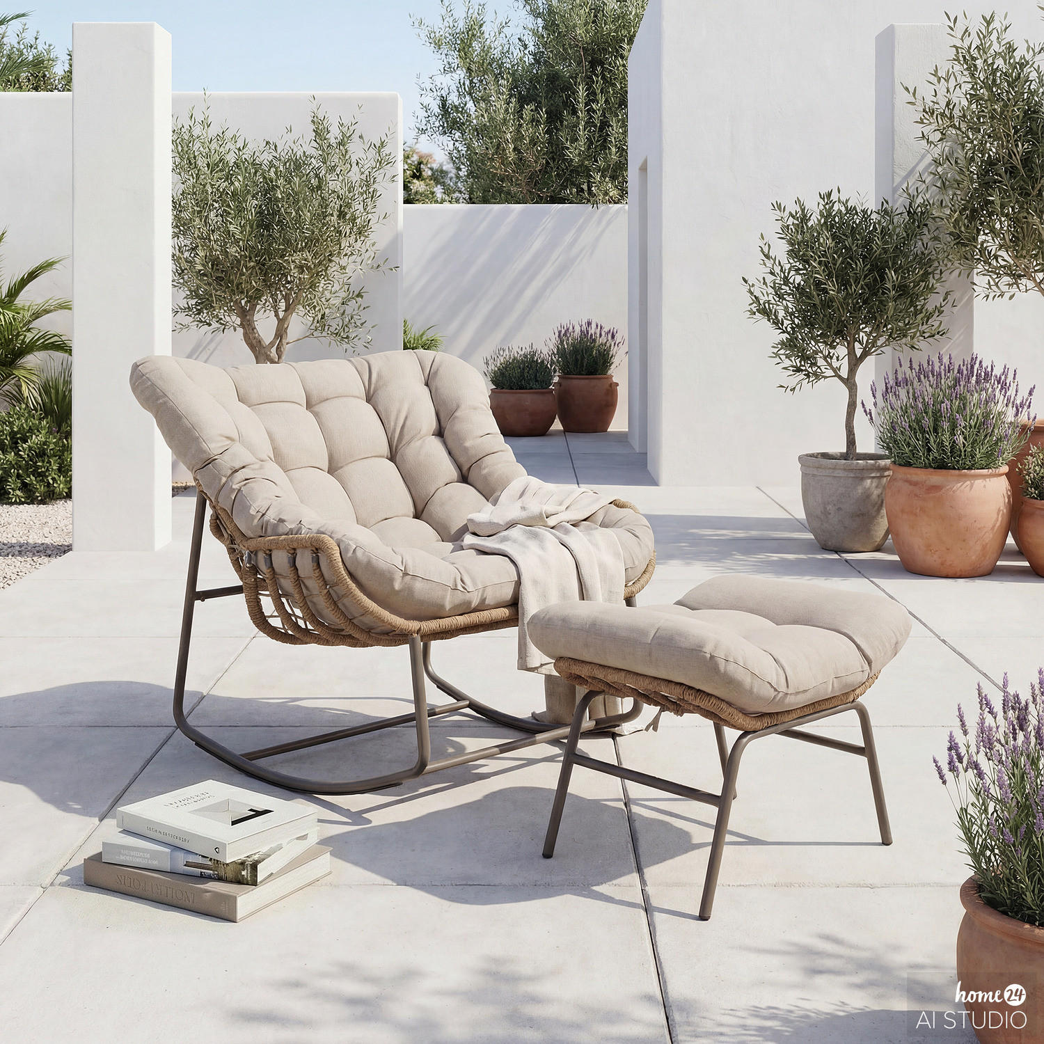 GARTENSESSEL mit Fußhocker - Stahl / Webstoff - Grau / Beige - Beige, Textil/Metall (118/87/110cm) - home24