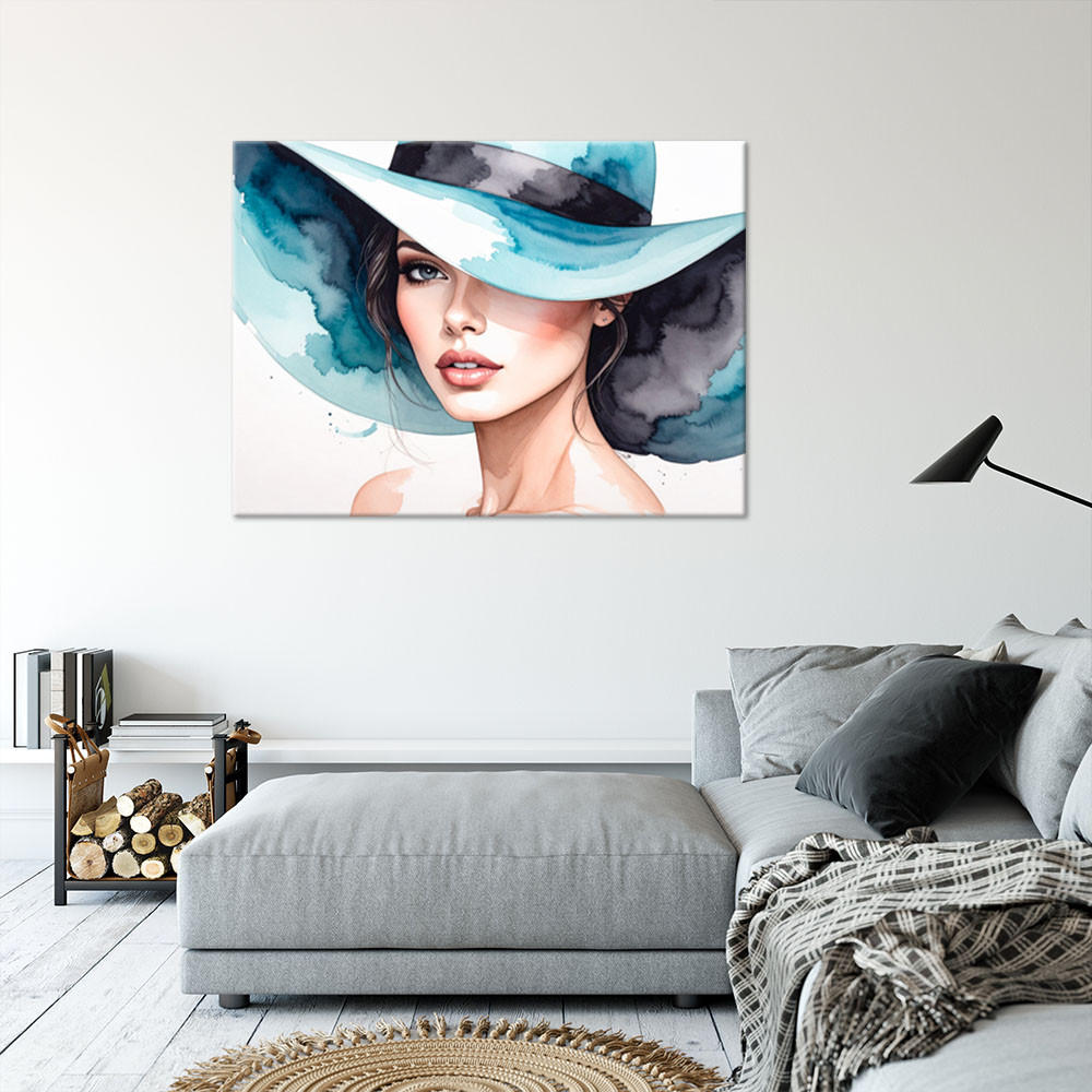 LEINWANDBILD Porträt Frau mit Hut 120x80cm - Blau, Textil (120/80cm) - Feeby
