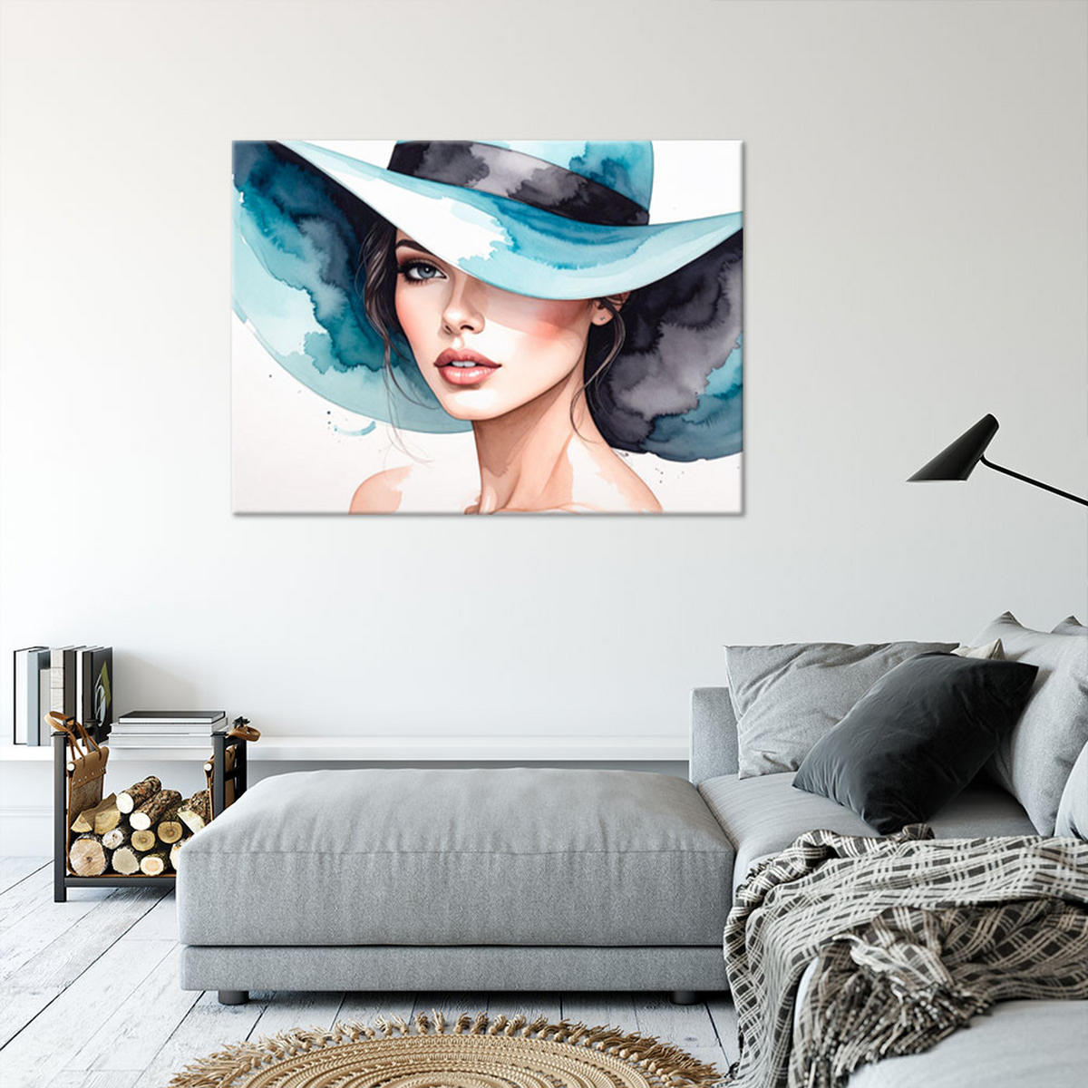 LEINWANDBILD Porträt Frau mit Hut 120x80cm - Blau, Textil (120/80cm) - Feeby