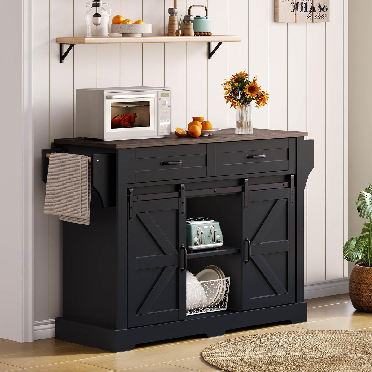 KÜCHENINSEL in Schwarz Servierwagen mit klappbarer Arbeitsplatte und Schubladen für Küche, B120/T45(70)/H91 cm - Schwarz, Holzwerkstoff (120/91/70cm) - STILVORA