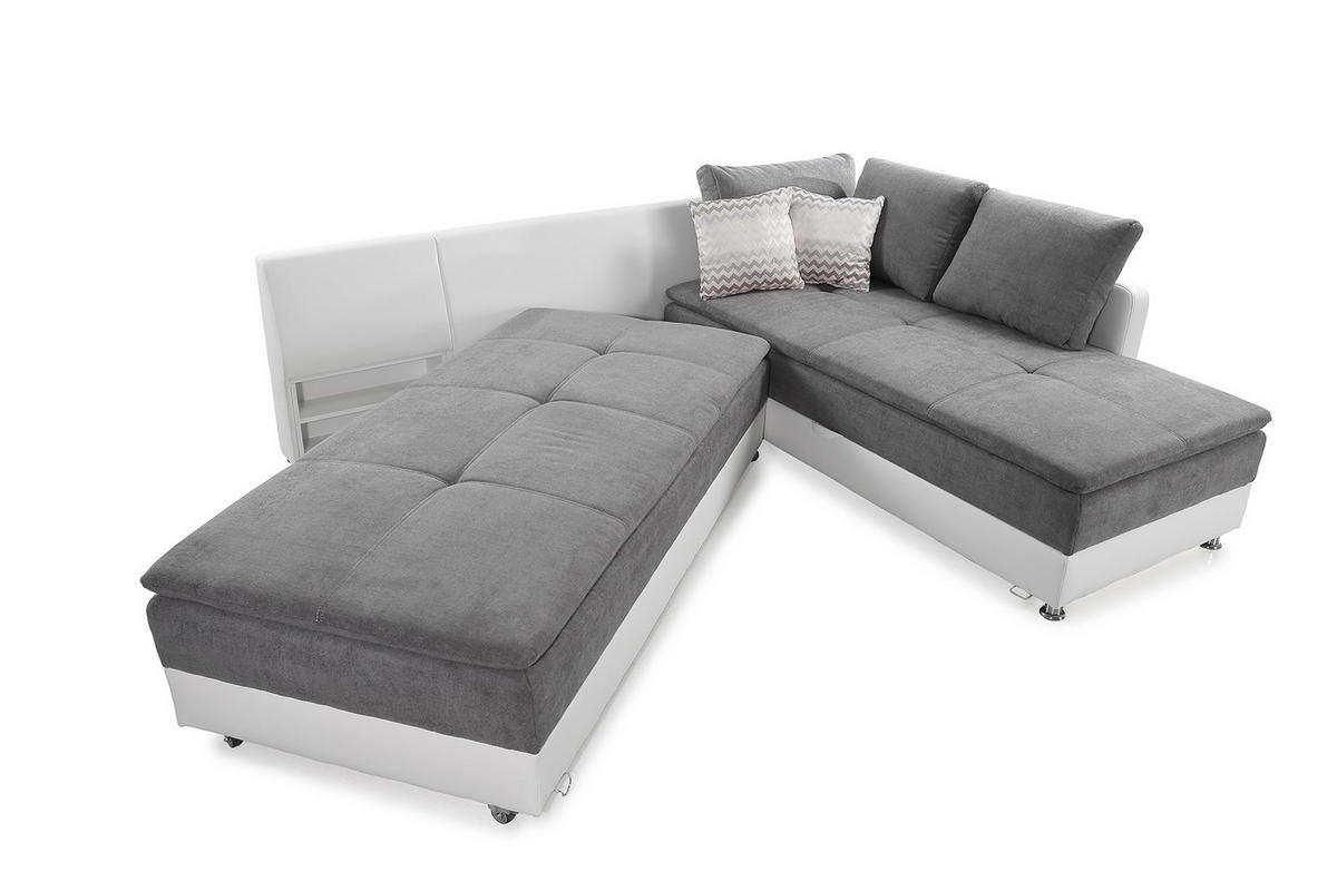 ECKSOFA-DAUERSCHLÄFER Doppelbett Boxspring Federkern Topper, Schwenkteil links B306/T223/H95 cm, Kunstleder Weiß+ Mikrofaser Hellgrau / 15103 - Chromfarben/Hellgrau, Textil/Metall (306/223cm) - luma-home