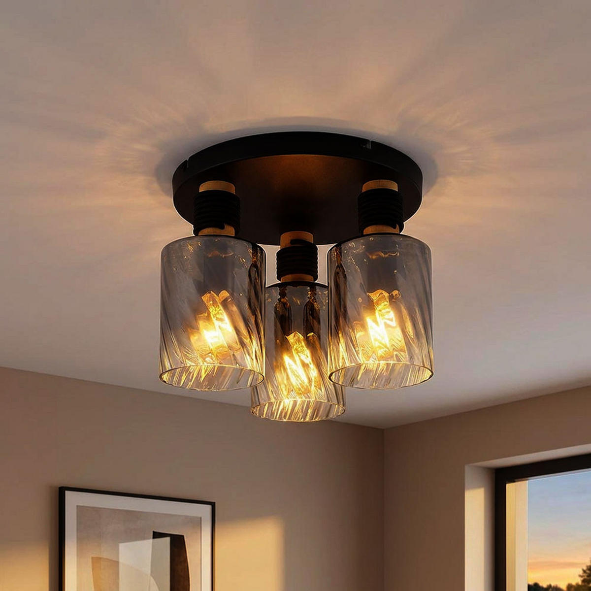 LED DECKENLEUCHTE Metall Rauchglas Schwarz - Schwarz, Holz (31.1/32/25.4cm) - Globo Lighting