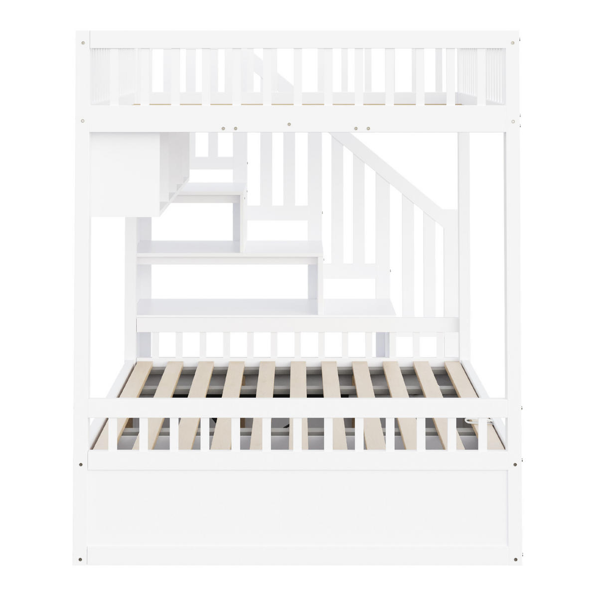 ETAGENBETT 140/200 cm Weiß mit Stauraumtreppe und hydraulischem Bettkasten - Weiß, Holzwerkstoff (140/200cm) - OKWISH