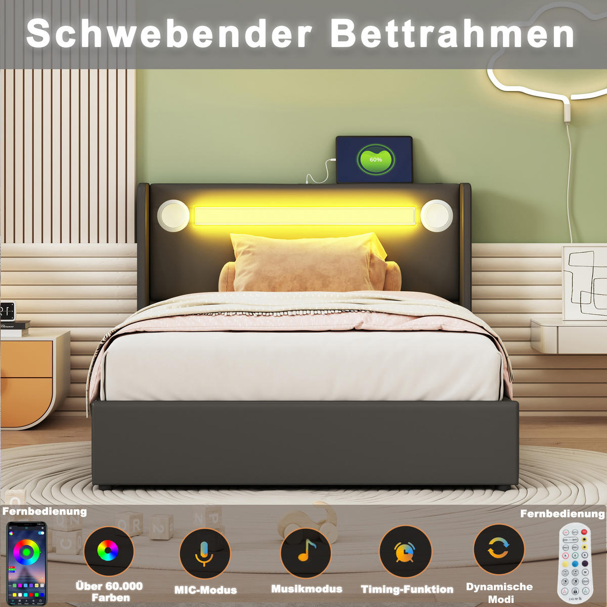 POLSTERBETT 90/200 cm schwarz mit LED-Beleuchtung und Bluetooth-Player - Schwarz, Kunststoff (90/200cm) - OKWISH