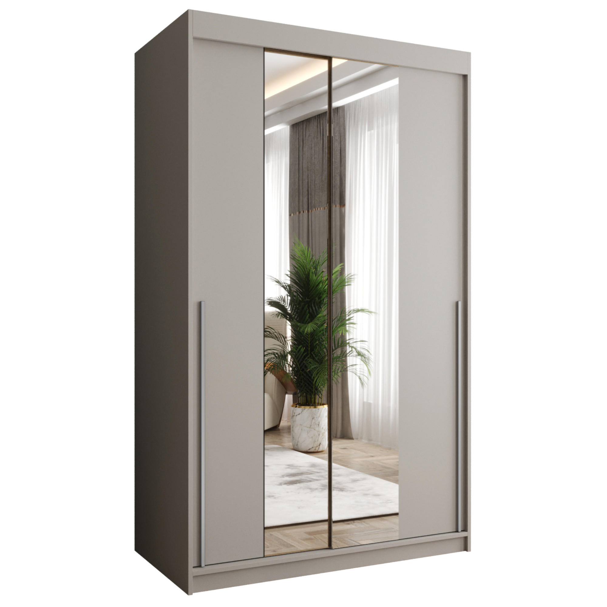 SCHIEBETÜRENSCHRANK mit Spiegel 120 cm Breite Kaschmirmit silbernem Griff - Kaschmir/Silberfarben, Holzwerkstoff (120/200/62cm) - Home Collective