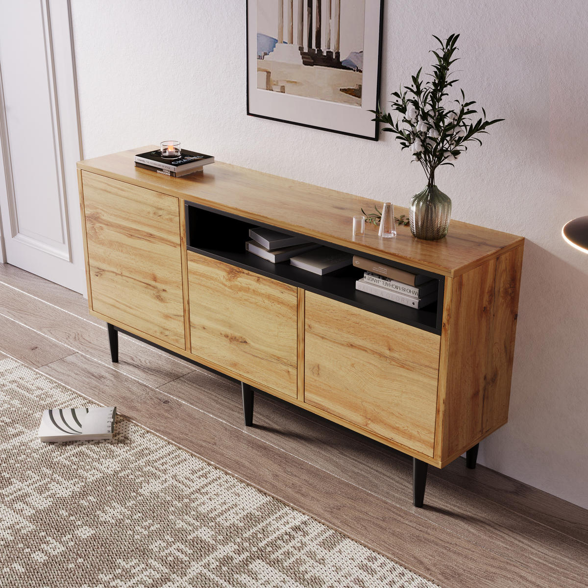 SIDEBOARD aus MDF mit 3 Türen und verstellbaren Einlegeböden, 160/35/76 cm, Schwarz und Natur - Naturfarben, Holzwerkstoff (160/76/35cm) - Redom
