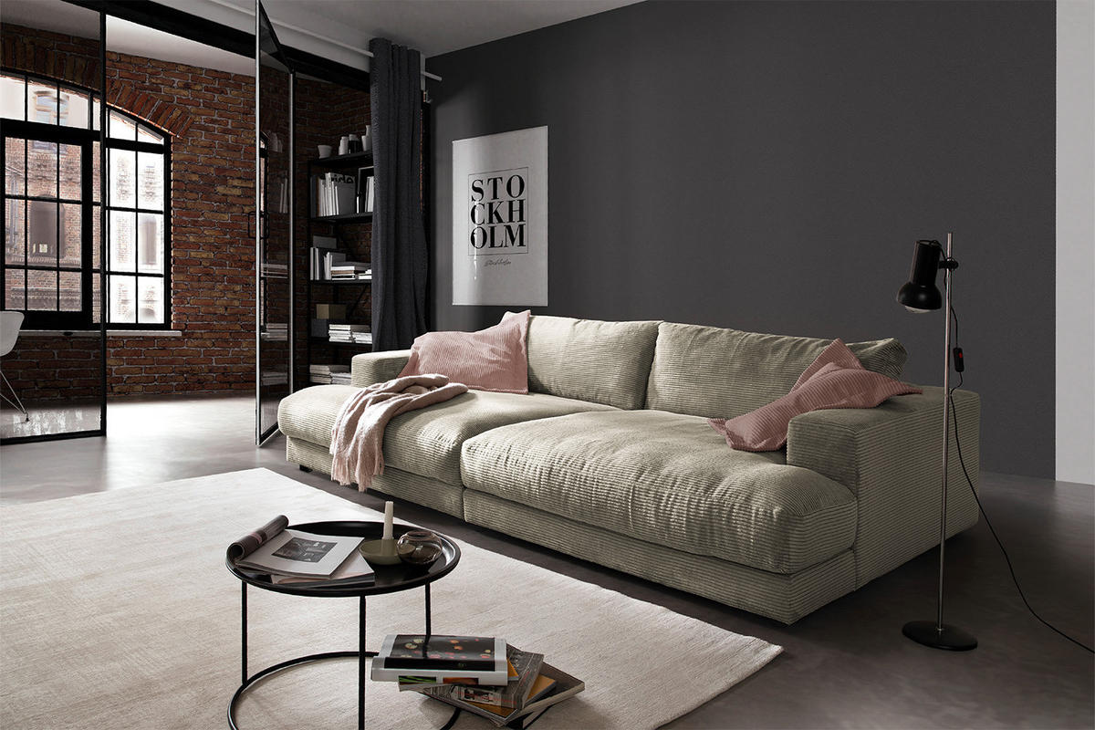 BIG SOFA XL MADELINE Steingrau Cord - Greige/Schwarz, Kunststoff/Textil (290/85/190cm) - KAWOLA