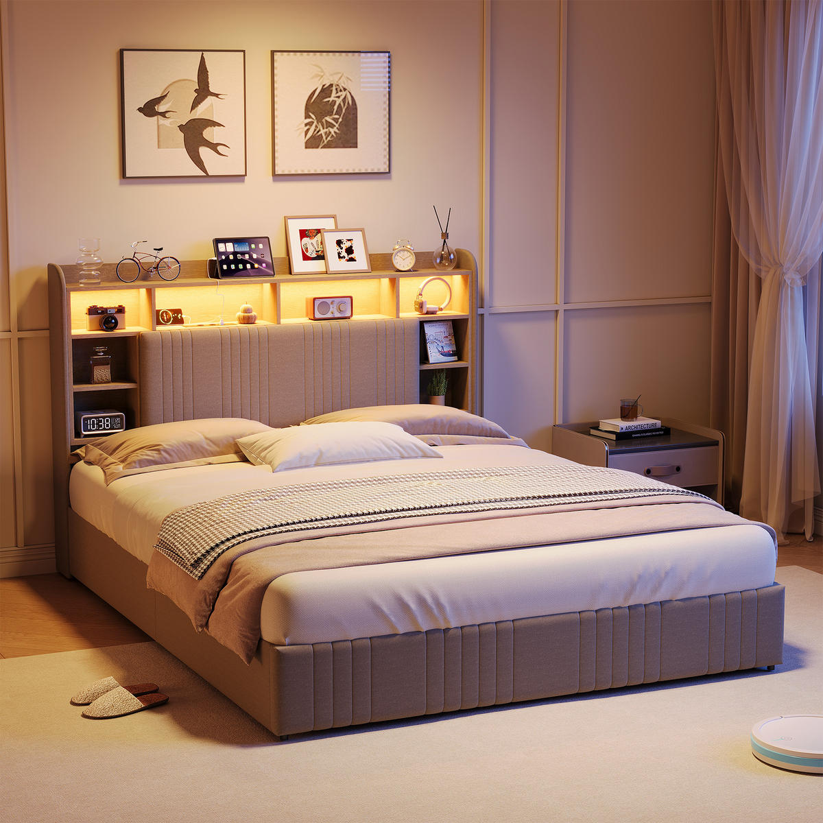 POLSTERBETT 140x200 cm LED USB 4 Schubladen Stauraum Kopfteil Leinen beige - Beige, Holz (140/200cm) - LEBENLANG