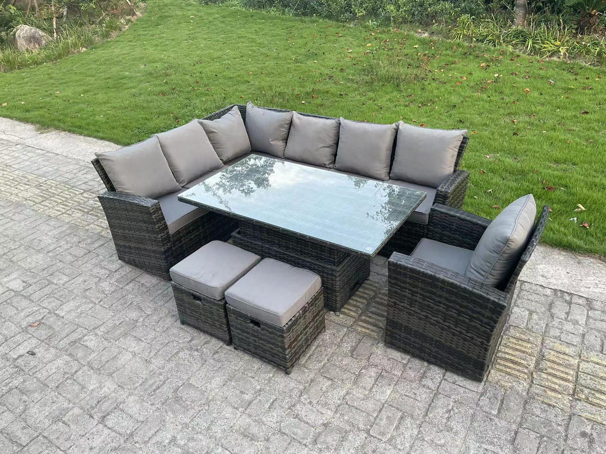 GARTENTISCHGRUPPE Polyrattan Dunkelgrau 9-Sitzer - Dunkelgrau/Grau, Glas/Kunststoff - Fimous