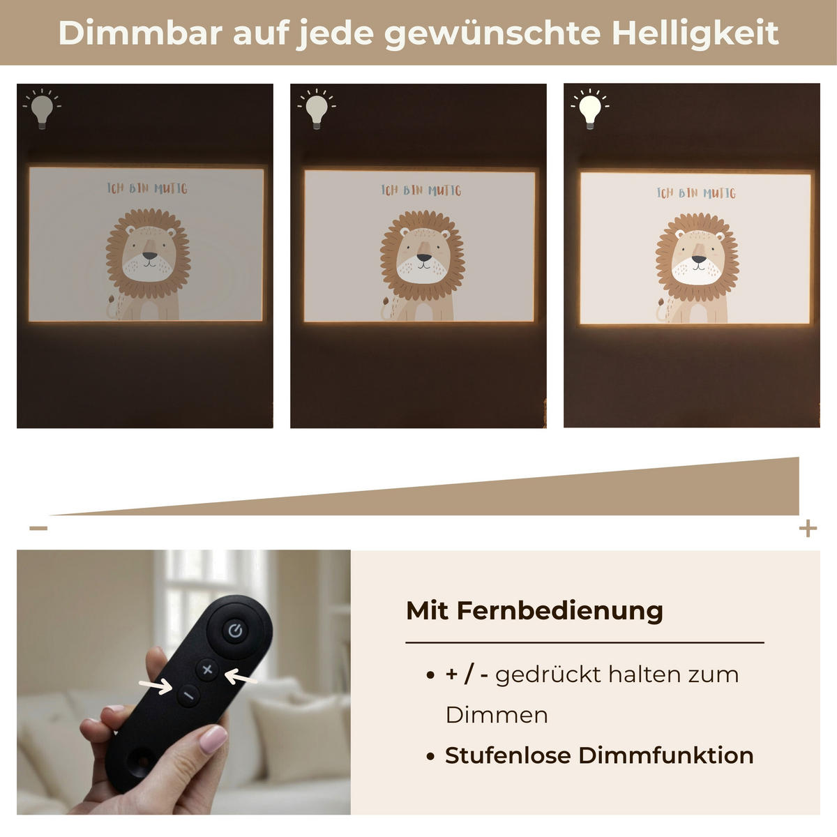WANDLEUCHTE MIT AKKU Löwe - Beige - Tier - Mutig - Zitat 90x60 cm - Beige, Holzwerkstoff (90/60/8cm) - OnlyWow