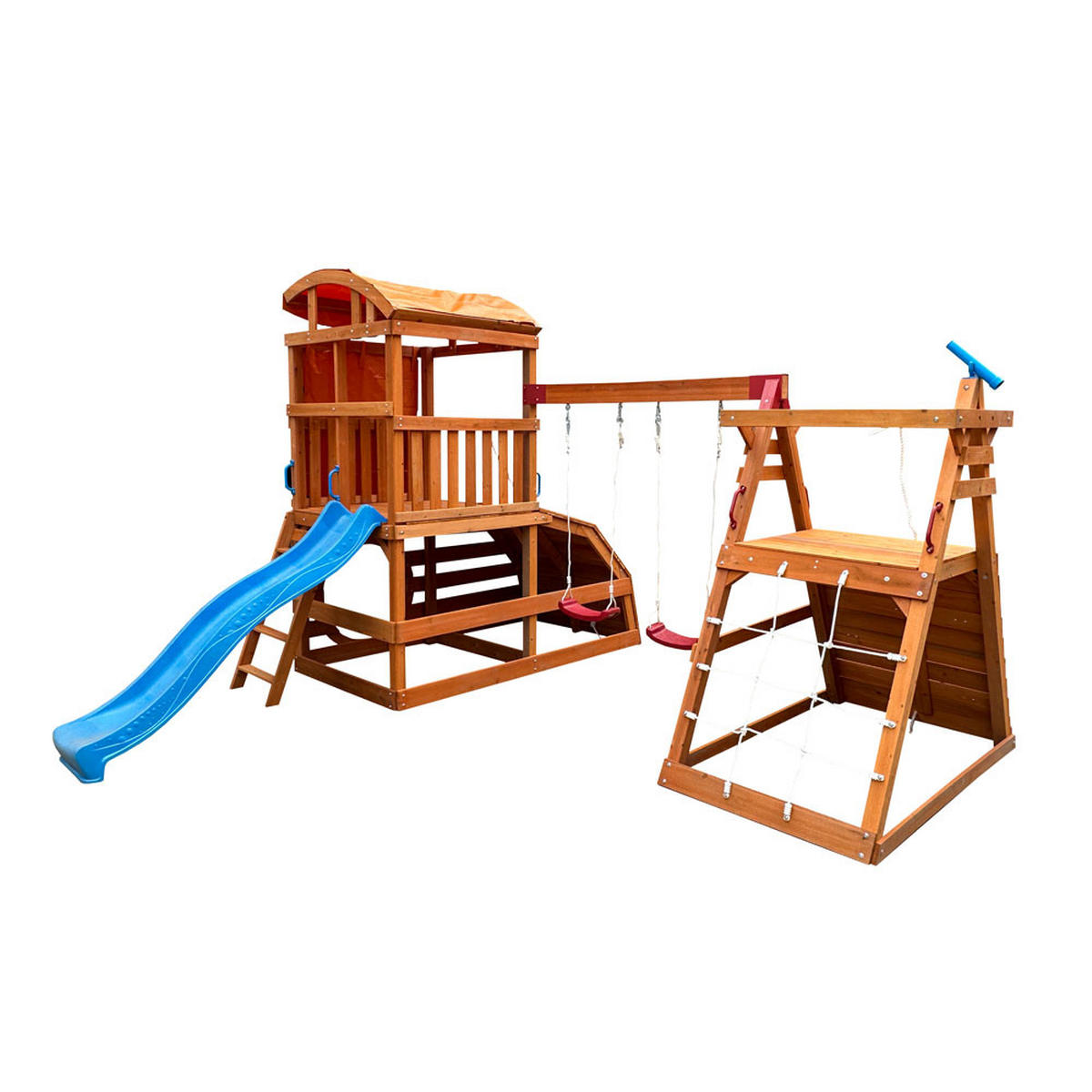 SPIELTURM MIT DOPPELSCHAUKEL NIA - Größe: 420 x 280 cm - Nussbaumfarben, Holz (421/280/449cm) - Home Deluxe