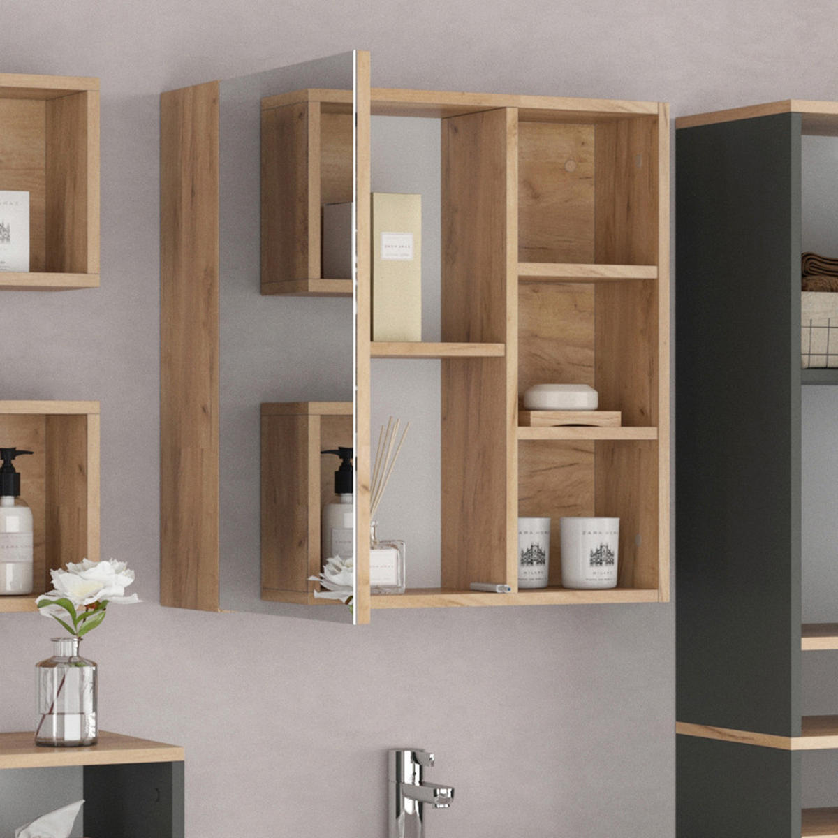 BADSPIEGELSCHRANK Senyo Anthrazit 62 x 64 cm - Anthrazit/Eiche Wotan, Holzwerkstoff (62/64/21cm) - Vicco