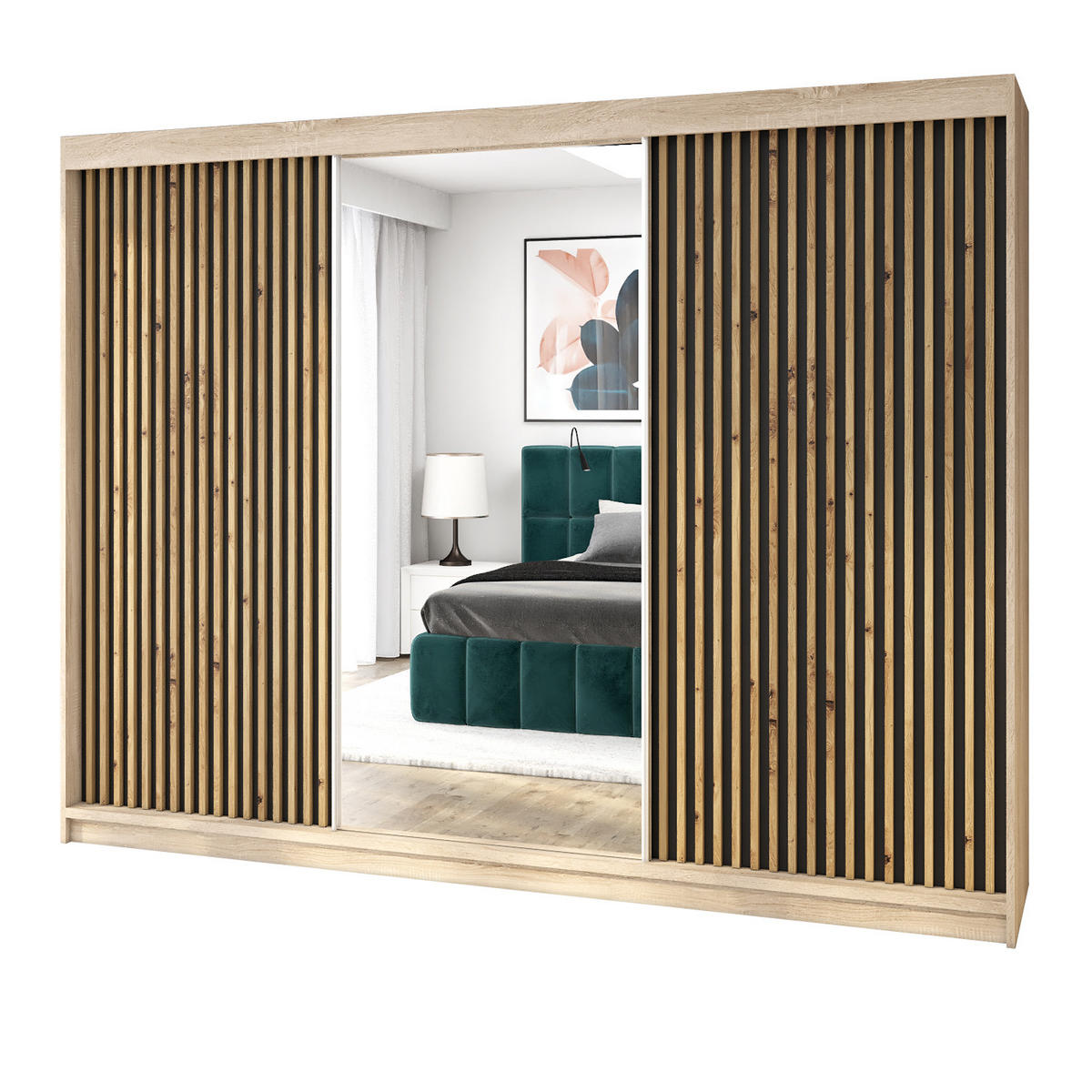 SCHWEBETÜRENSCHRANK 200 CM FARA Farbe: Sonoma / schwarz - Schwarz/Braun, Holzwerkstoff (200/215/59.5cm) - A&J MöbelLand