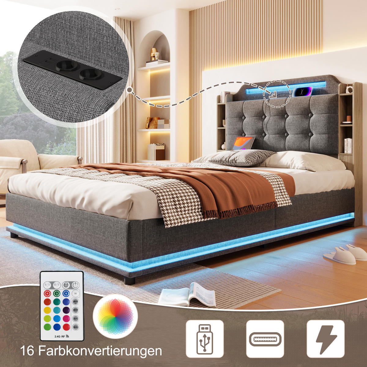 POLSTERBETT 140/200 cm grau mit LED-Beleuchtung und hydraulischem Stauraum - Grau, Textil (140/200cm) - OKWISH