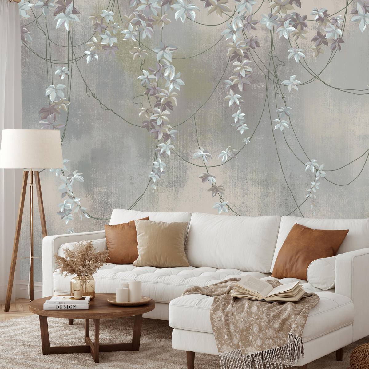 FOTOTAPETE für Wohnzimmer Abstrakte Blüten Lianen Beton Wand 450x315 - Grau, Papier (450/315cm) - Muralo
