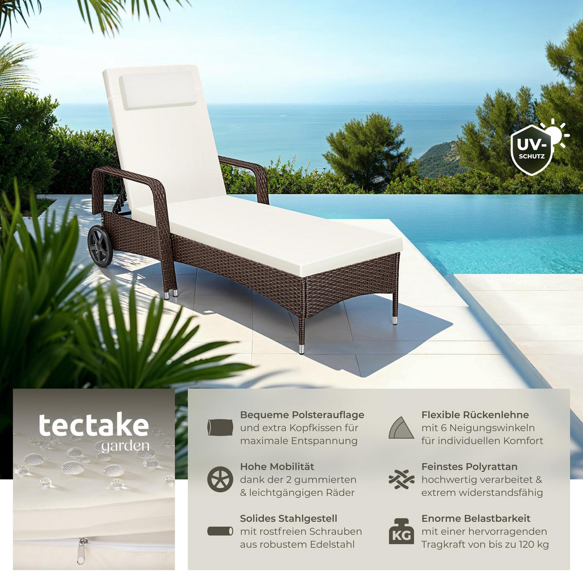 RATTAN-SONNENLIEGE, 200 x 70 x 33 cm, braun gemischt - Braun, Kunststoff (70/33/200cm) - tectake