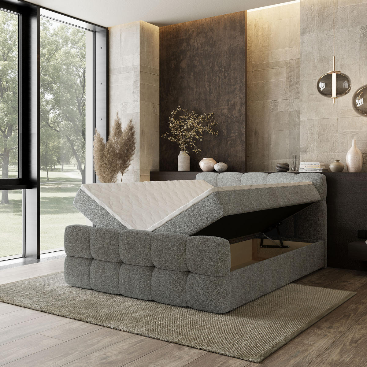 BOXBETT BRUME 140x200 cm mit Matratze und Topper, H2+H3 - Hellgrau - Hellgrau, Holz (140/200cm) - MASSENO