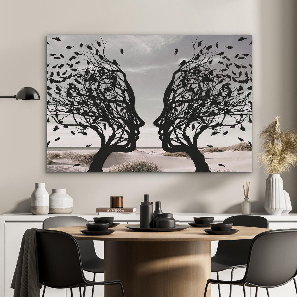 AKUSTIKPANEEL Strand - Meer - Menschen - Baum - Moderne Kunst 100x70 cm - Hellgrau, Textil (100/0.9/70cm) - MuchoWow