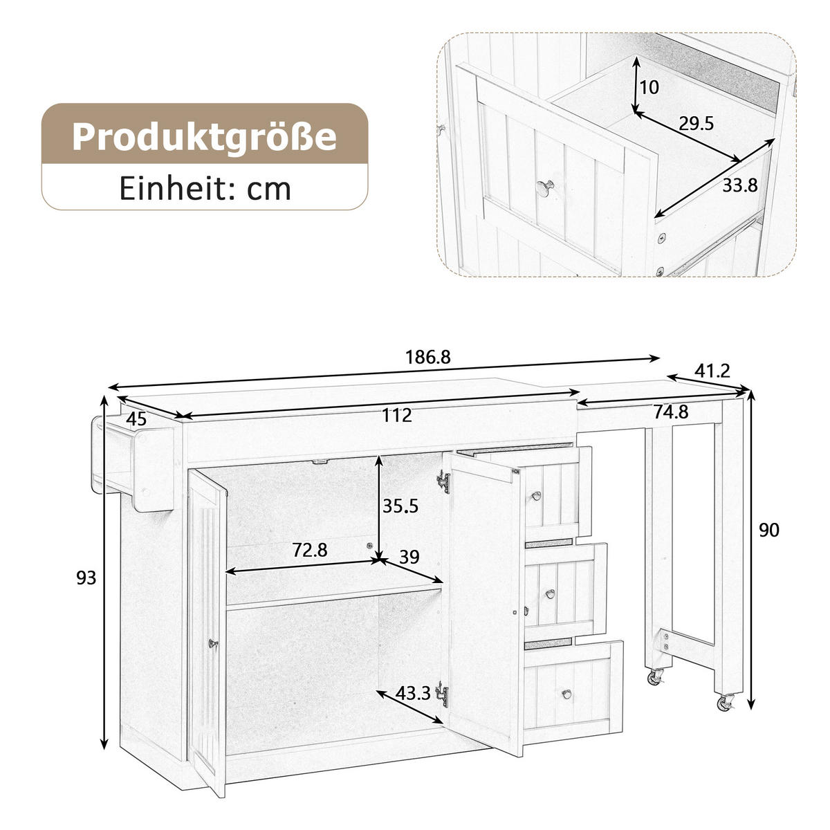 KÜCHENINSEL 112/45/93 cm schwarz aus MDF mit Auszug - Schwarz, Holzwerkstoff (130/93/45cm) - OKWISH