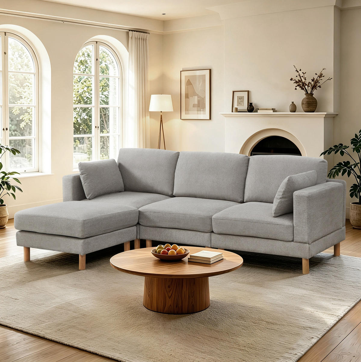 ECKSOFA L-förmiges 235/152/78 cm 3-Sitzer mit Hocker, Polyester-Bezug, Hellgrau - Hellgrau, Textil (152/253cm) - Redom
