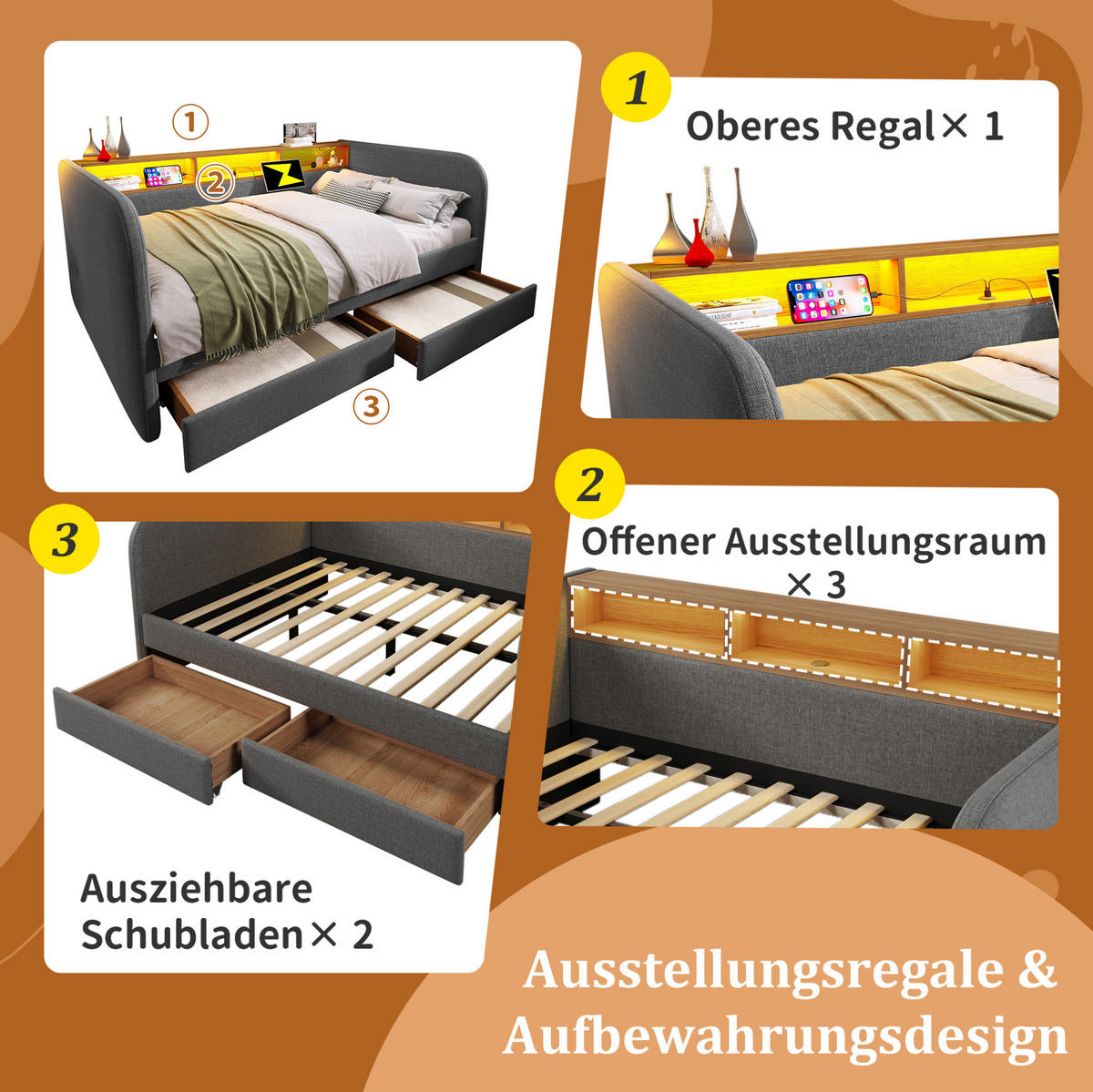 POLNJENA postelja iz lanu 140x190 cm siva z LED osvetlitvijo, USB in Type-C polnjenjem ter 2 predaloma - siva, tekstil (140/190cm) - Modfu