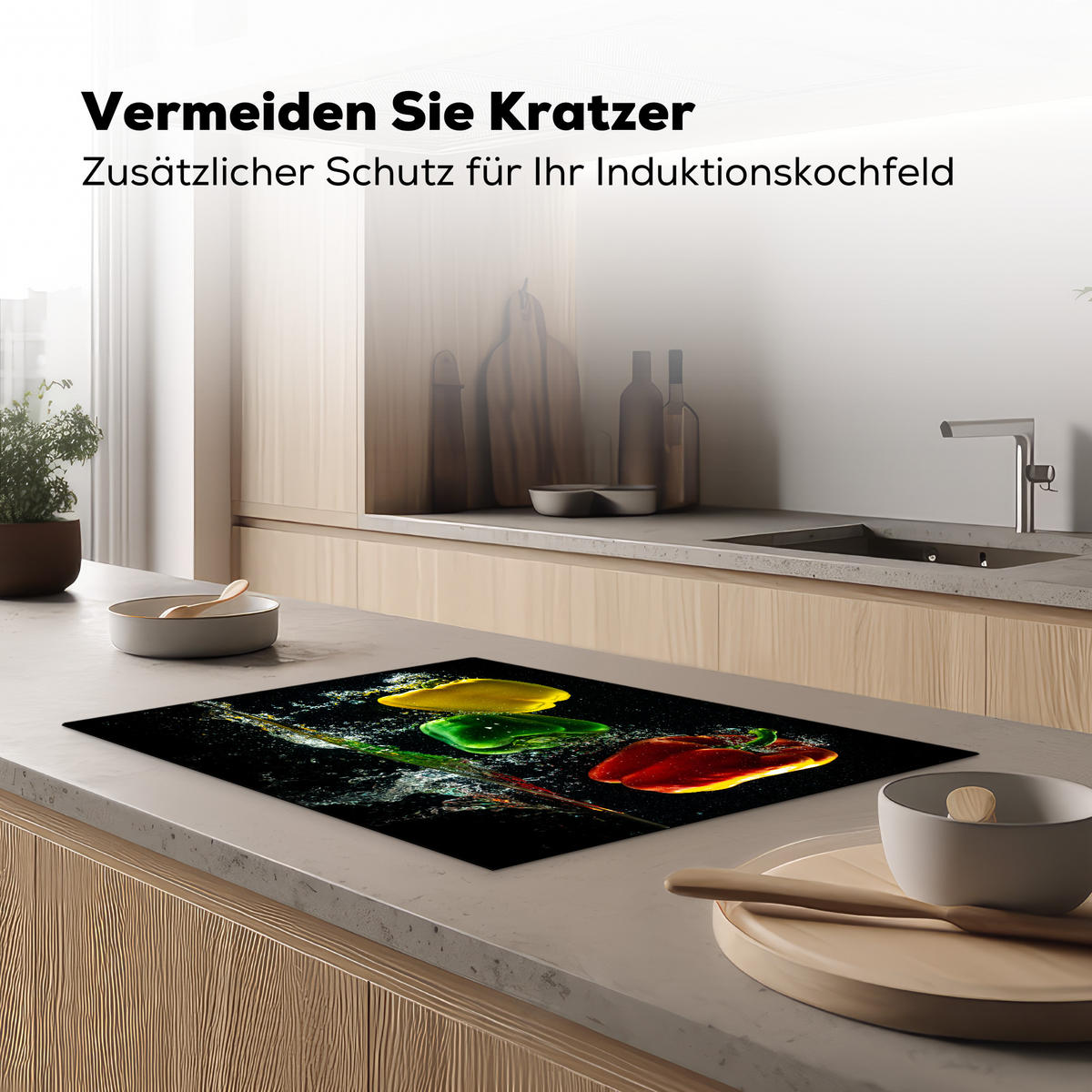 HERDABDECKPLATTE Paprika - Gemüse - Wasser - Schwarz - Rot - Grün - Gelb Herdabdeckung Induktionsfeld 75x52 cm - Multicolor, Kunststoff (75/52/0.2cm) - MuchoWow