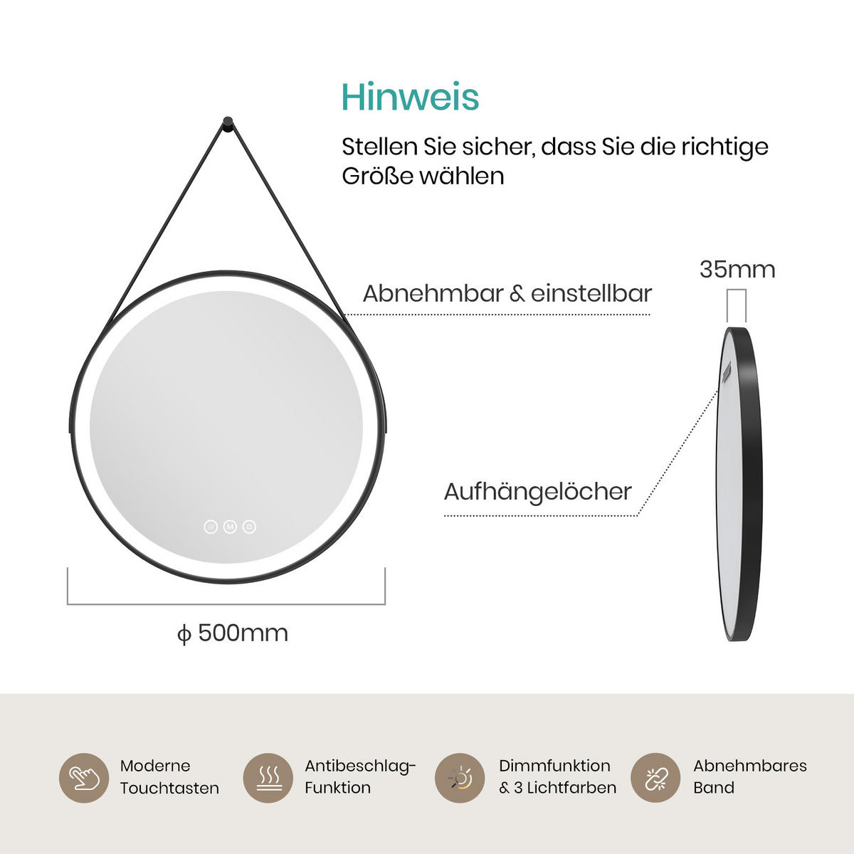 BADSPIEGEL Rund mit Touch-Schalter Beleuchtung mit Hängeriemen Schwarz ф50 cm - Schwarz, Glas (50/3.5/50cm) - EMKE