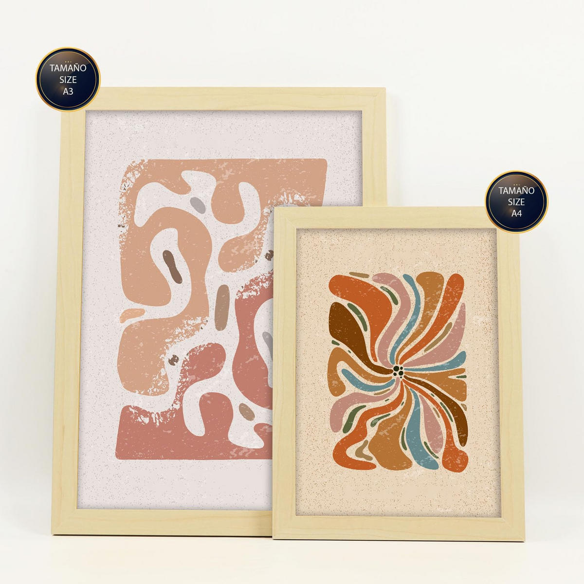 POSTER Set Mit 6 Drucken Abstrakter Blume Ethnischens Dekorative Rahmen Für Ihr Wohnzimmer Zuhause Wandkunstdruck A3 & A4 Rahmen Aus Hellem Holz - Beige, Papier (29/3cm) - Nacnic
